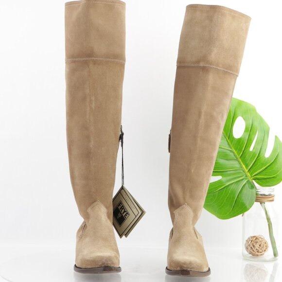 Frye Womens Sacha OTK Riding Boot Size 6.5 Tan Suede Western Block Heel Pointed - Picture 2 of 16